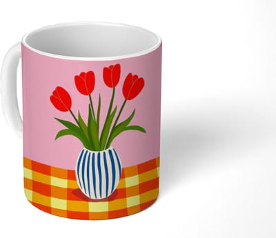 Mok - Koffiemok - Tulpen - Roze - Vaas - Mokken - 350 ML - Beker - Koffiemokken - Theemok