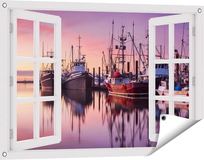 Gards Tuinposter Doorkijk Schepen in de Haven - Boten - 90x60 cm - Tuindoek - Tuindecoratie - Wanddecoratie buiten - Tuinschilderij