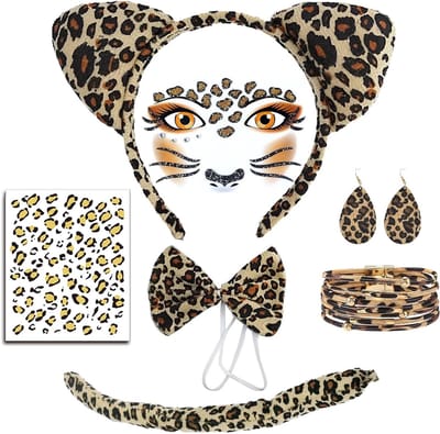 Leopard Print Kostuum Set met Oren, Staart, Armband en Stickers voor Carnaval en Feestjes