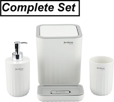 Badkamerset 4 Delig - Toiletaccessoires Set - Zeeppompje - Afvalemmer - Zeepschaal - Tandenborstelhouder - Beker - Wit