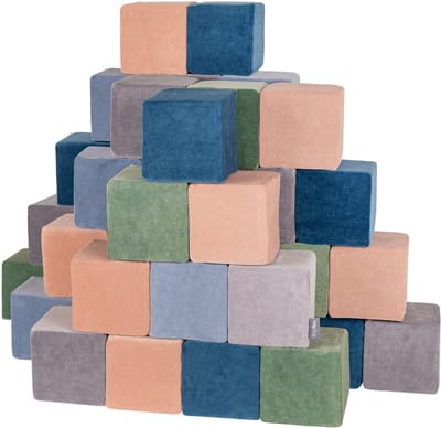KiddyMoon Soft VELVET blokken 14cm blokjes: lagoon turquoise-bosgroen-woestijnroze-ijsblauw-berggrijs 48 schuimblokken speelgoed