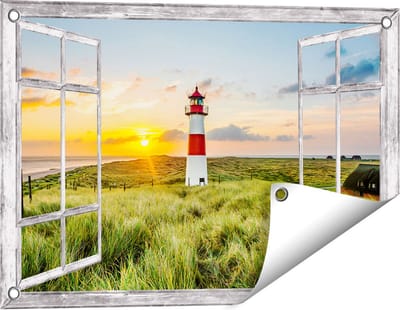 Gards Tuinposter Doorkijk Vuurtoren met Zonsopgang op een Eiland - 60x40 cm - Tuindoek - Tuindecoratie - Wanddecoratie buiten - Tuinschilderij