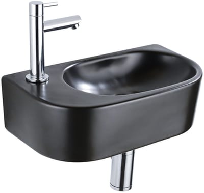 QeramiQ Fuente Fonteinset - 40x21.5x12cm - links - glad - halfrond - 1 kraangat - keramiek - fonteinkraan chroom - afvoerplug - verlaagd sifon - zwart mat