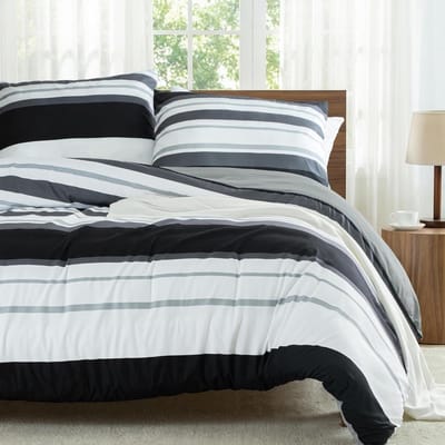 SnelShoppen - Luxe Beddegoed Set 135 x 200 cm, 2-delige Dekbedovertrek met Kussensloop 80 x 80 cm, Zachte Microfiber, Streepdessin, Zwart voor Slaapka