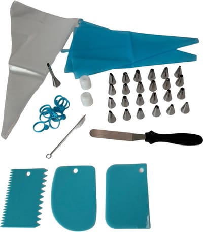 MGM Trading 55 stuks cake decoreren set, glazuurzakken en mondstukken set cupcake-decoratieset met 25 pijpspuitmonden, paletmes, deegsnijder, herbruikbare pijpzak voor Choux gebak, cupcakes, Royal Icing