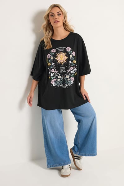 Yours Zwarte Tshirt Met Bloemen En Zonnemotief Size 42