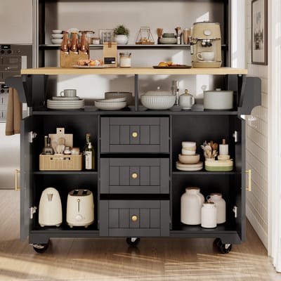 MODFU - Keukeneiland - Uitschuifbaar Met Wielen - Modern - Voor Keuken En Eethoek - MDF En Metaal - Zwart - 120 X 40/80 X 95 Cm