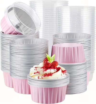 Aluminium Bakvormpjes - Dessert Cups - Taartjes Bakken - Met Deksel - 200 Stuks - Roze
