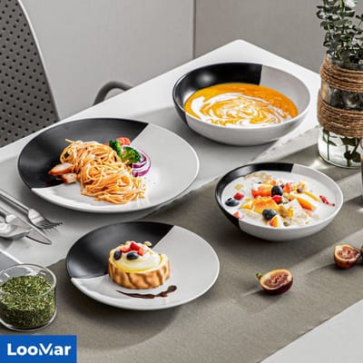 LooMar Serviesset – 32 delig – 8 persoons –Porselein - Luxe – Bordenset – Dinner platen – Dessertborden - Kommen - Mokken - Set - Zwart - Wit