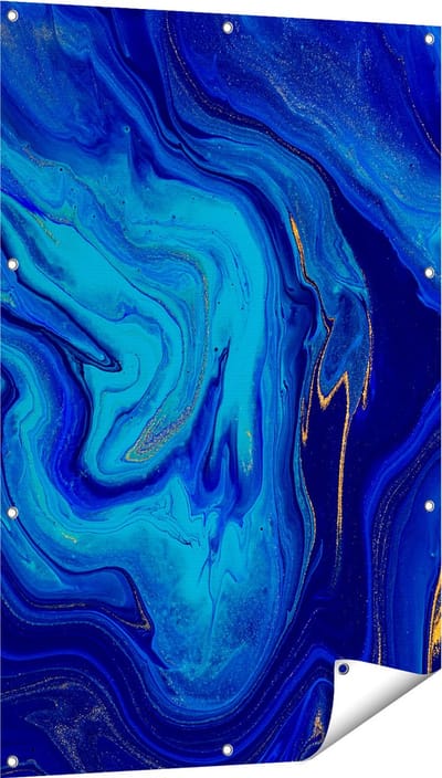 Gards Tuinposter Abstracte Kunst - Blauw met Gouden Verf - 80x120 cm - Tuindoek - Tuindecoratie - Wanddecoratie buiten - Tuinschilderij