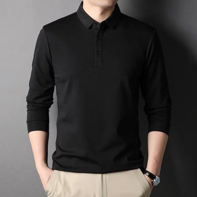 T-shirt met lange mouwen van moerbeizijde voor heren Lente Nieuwe Mode Casual Effen Kleur Revers Herenpoloshirt XXXL