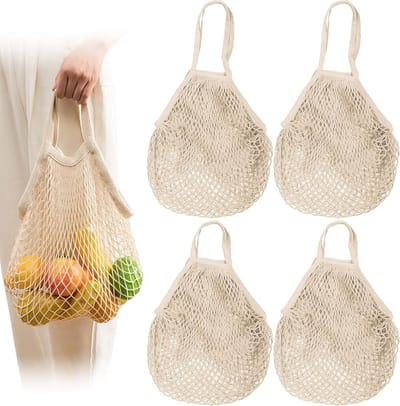 Herbruikbare Katoenen Netten voor Boodschappen, Set van 4 Beige Mesh Tassen voor Fruit, Groenten en Speelgoed