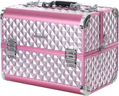 Make-up Koffer Met Diamantpatroon - Ruime Makeup Organizer Voor Cosmetica, Juwelen en Haaraccessoires - Zilverkleurig Roze 36 x 28 x 23 cm
