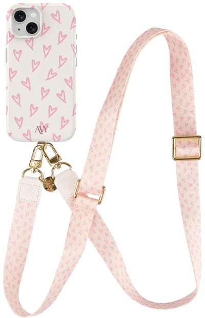 AVY Hoesje Met Telefoonkoord | Geschikt voor Apple iPhone 15 | Compatibel met MagSafe | Hard Shell Back Cover | Stijlvol Bijpassend Koord 130CM | Cupid Blush | Roze