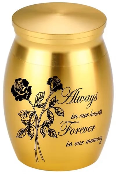 Goudkleurige mini urn/keepsake,geschikt voor een klein beetje as of vacht,met rozen en tekst afgebeeld