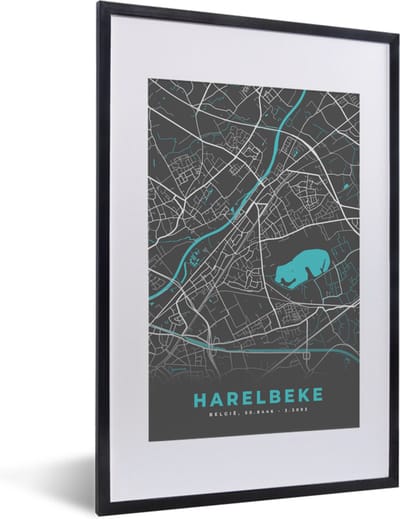 Fotolijst incl. Poster - België – Harelbeke – Stadskaart – Kaart – Blauw – Plattegrond - 40x60 cm - Posterlijst