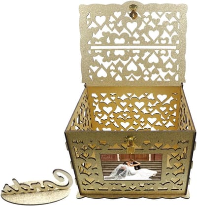 Houten Kaartbox - Gouden Decoratie - Bruiloft Ontvangst - Met Holle Design - 24 cm - Goud