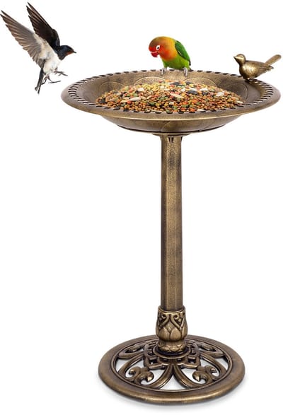 COSTWAY Vogelbad staand, vogelvoederstation retro, een vogel op waterschaal, voederstation vogelvoederdispenser voor wilde vogels, voor tuin, vogelbad, vogelvoederplaats, 51 x 72 cm, brons