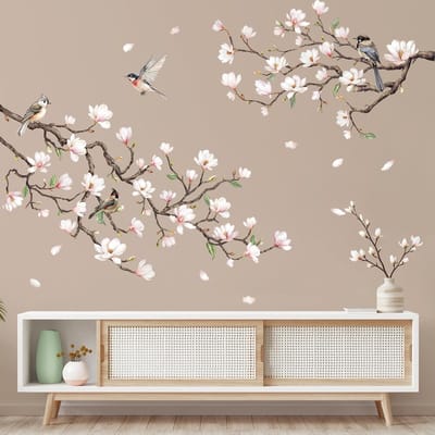 Mooie Magnolia Wandstickers voor Woonkamer en Slaapkamer - Plak en Verwijder Muurdecoratie met Bloemen en Takken