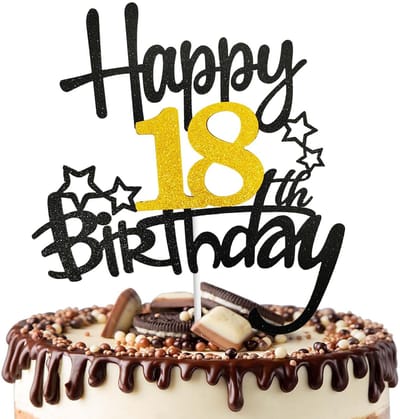 Allecto - 18e Verjaardag Taart Toppers - Taart Decoratie - Bling ontwerp - Happy Birthday - Feestbenodigdheden - Geschikt voor 18 jaar - Zwart en Goud
