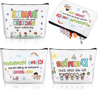 Allecto Plus – Set van 3 canvas make-up tasjes met Woorden voor Leraar – Witte Pencil Case met Rits – Afscheidscadeau Kleuterschool voor Leerkrachten