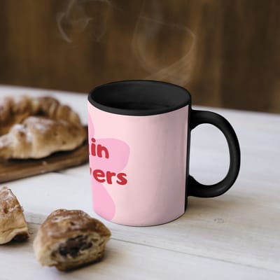 Magische Mok - Foto op Warmte Mokken - Koffiemok - No rain no flowers - Bloem - Roze - Magic Mok - Beker - 350 ML - Theemok - Mok met Tekst