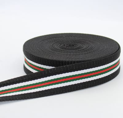 5 Meter GESTREEPTE TASSENBAND, Breedte 40MM, Kleur ZWART/WIT/GROEN/ROOD 17
