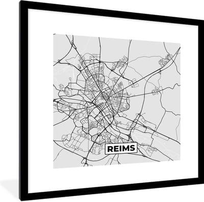 Fotolijst incl. Poster - Frankrijk - Reims - Stadskaart - Plattegrond - Kaart - 40x40 cm - Posterlijst