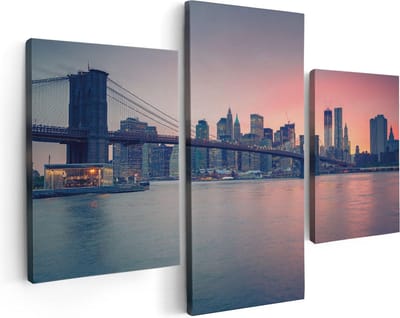 Artaza Canvas Schilderij Drieluik New York Brooklyn Brug Bij Zonsondergang - 90x60 - Foto Op Canvas - Canvas Print