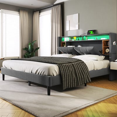 STILVORA Gestoffeerd Bed 160x200 cm – Tweepersoonsbed met USB en LED – Opberghoofdbord – Zonder Matras – Moderne Stof – Grijs