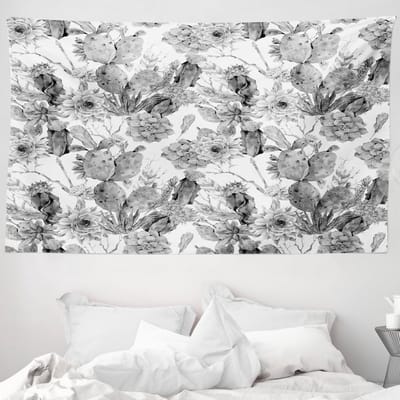 ABAKUHAUS Cactus Wandtapijt en Sprei, Boho Stijl Botanisch, 230 x 140 cm, Grijs Wit
