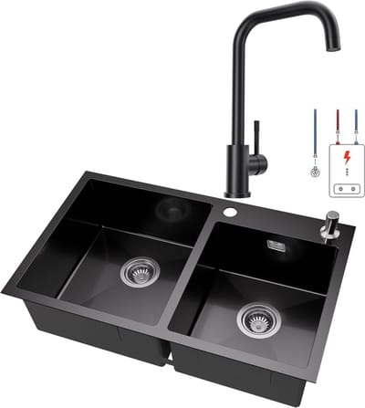 Auralum MAX Dubbele Spoelbak voor keuken 75x45cm Antraciet - Spoelbak Keuken Met Lagedruk keukenkraan - Roestvrij staal - Wasbak met waterafvoersysteem - Met zeepdispenser 300ml