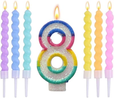 Verjaardagskaars voor 8e verjaardag, regenboogcake, met 6 spiraalkaarsen, voor meisjes en jongens, jubileum, feest, verjaardag