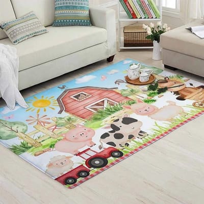 Tapis Lavable Thème Ferme Vintage Chevaux Canards Arbres et Maisons de Ferme Tons Vert et Terracotta Coton Tapis Antidérapants 80x120cm