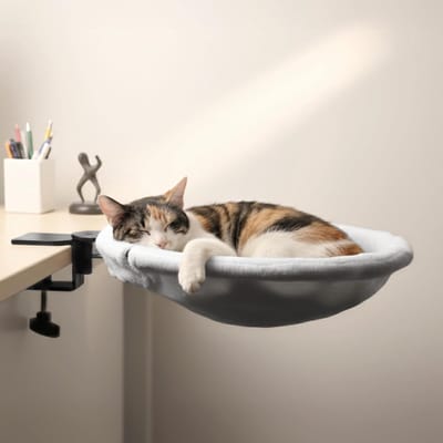 KZQ Verstelbaar kattenbedje - draagvermogen tot 22,5 kg - stevig metalen frame met veiligheidsclips - verwijderbare pluche mat - geschikt voor binnenkatten - perfect voor thuis of als speeltafel - wit