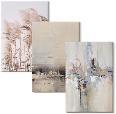 Wallfluent Set van canvas schilderijen - Natuurlijke vegetatie, abstracte patronen in gedempte kleuren Canvas Schilderijen Set - set 3 stuks 20x30 cm - Beige Set van Canvas Prints - Texturen Canvas Kunst Set - Boheemse Canvas Kunst Set