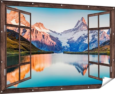 Gards Tuinposter Doorkijk Bergen Landschap bij het Meer - 180x120 cm - Tuindoek - Tuindecoratie - Wanddecoratie buiten - Tuinschilderij