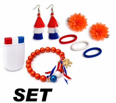 WK voetbal Accessoires Set 4-delig – Armband, Oorbellen, Haaraccessoires & Schminkstift – Oranje Holland Set