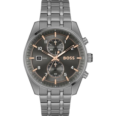 BOSS HB1514153 SKYTRAVELLER Heren Horloge - Chronograaf - Mineraalglas - Staal - Grijs - 44 mm breed - Quartz - Vouw/Vlindersluiting - 5 ATM (douchen)