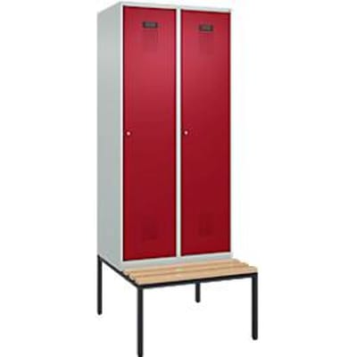 C+P Evolo Plus garderobekast, 2 vakken, 400 mm vakbreedte, met bank eronder, B 800 x D 815 x H 2120 mm, cilinder, lichtgrijs/ruy rood