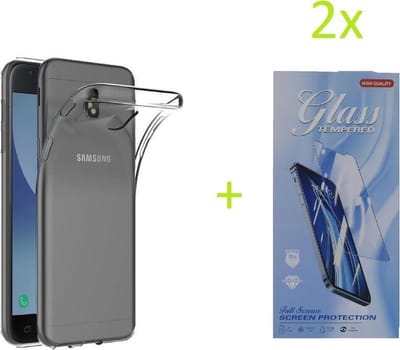 Soft Back Cover Hoesje Geschikt voor: Samsung Galaxy J3 2017 Transparant TPU Siliconen Soft Case + 2X Tempered Glass Screenprotector