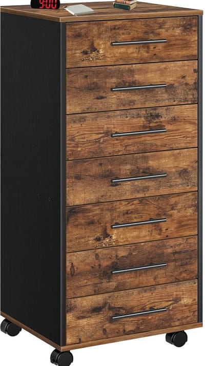 Signature Home Ladeblok - Ladeblok Op Wielen - 7 laden - archiefkast - Ladeblok Bureau - vintage bruin en zwart - 36 x 40 x 88 cm