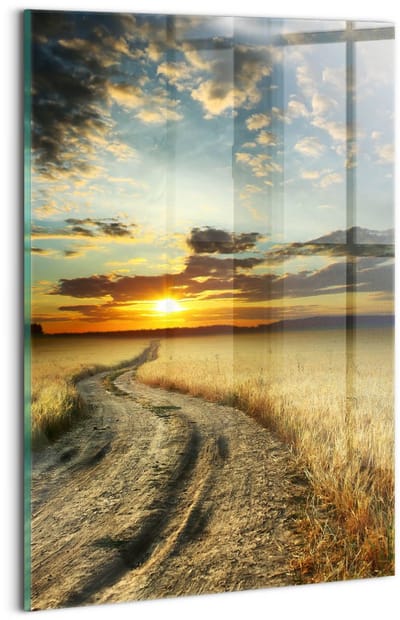 Wallfluent Glasschilderij - Onverharde weg en zonsondergang Schilderij Op Glas - 20x30 cm - Bruin Verticale Muurschildering - Landschap Foto In Glas - Foto Glas - Glas Foto