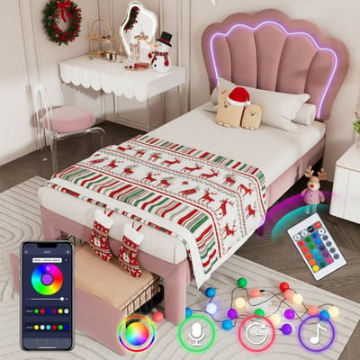 KOMHTOM Bed LED-kinderbed Eenpersoonsbed 90x190 cm met laden APP-Control Lattenbodem en verstelbare hoofdsteun Roze