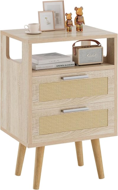 Rieten nachttafel met 2 lades, open plank, stevige houten poten, bohemian stijl, multifunctionele tafel voor woonkamer, slaapkamer en kantoor