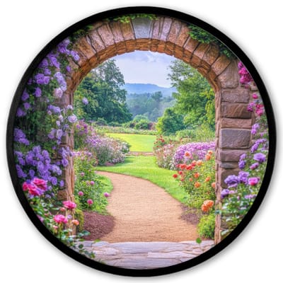 Poster in lijst Rond - Fotolijst 40x40 cm - Posters - Doorkijk - Poort - Bloemen - Tuin - Ronde posterlijst zwart - Decoratie - Wanddecoratie woonkamer - Muurdecoratie slaapkamer
