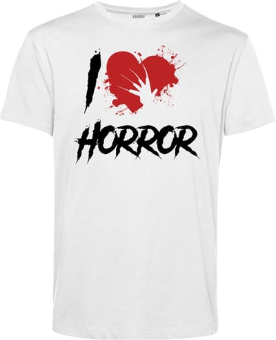 T-shirt I Love Horror | Halloween Kostuum Volwassenen | Horror Shirt | Gothic Shirt | Wit | maat XS