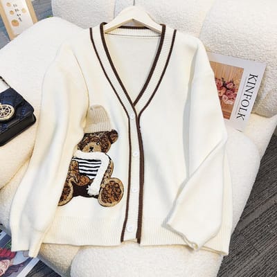 Herfst en Winter Nieuwste Japanse College Stijl Retro Beer Geborduurd Veelzijdige Gebreide Vest Jas Hoge Kwaliteit Praktisch Dagelijks Gebruik One size wit