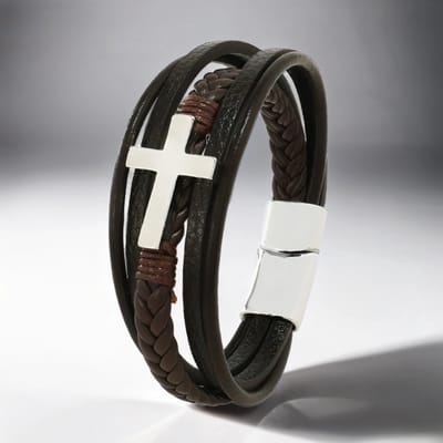 Heren Armband Leer - Bruin met Stalen Kruis - 21cm - Armbanden - Papa Cadeau Voor Mannen - Vaderdag