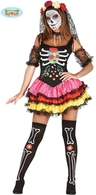 Fiestas Guirca - Dames jurk color Catrina - maat M (38-40) - Carnavalskleding - Carnaval - carnavalskleding 2027 - Carnaval kostuum